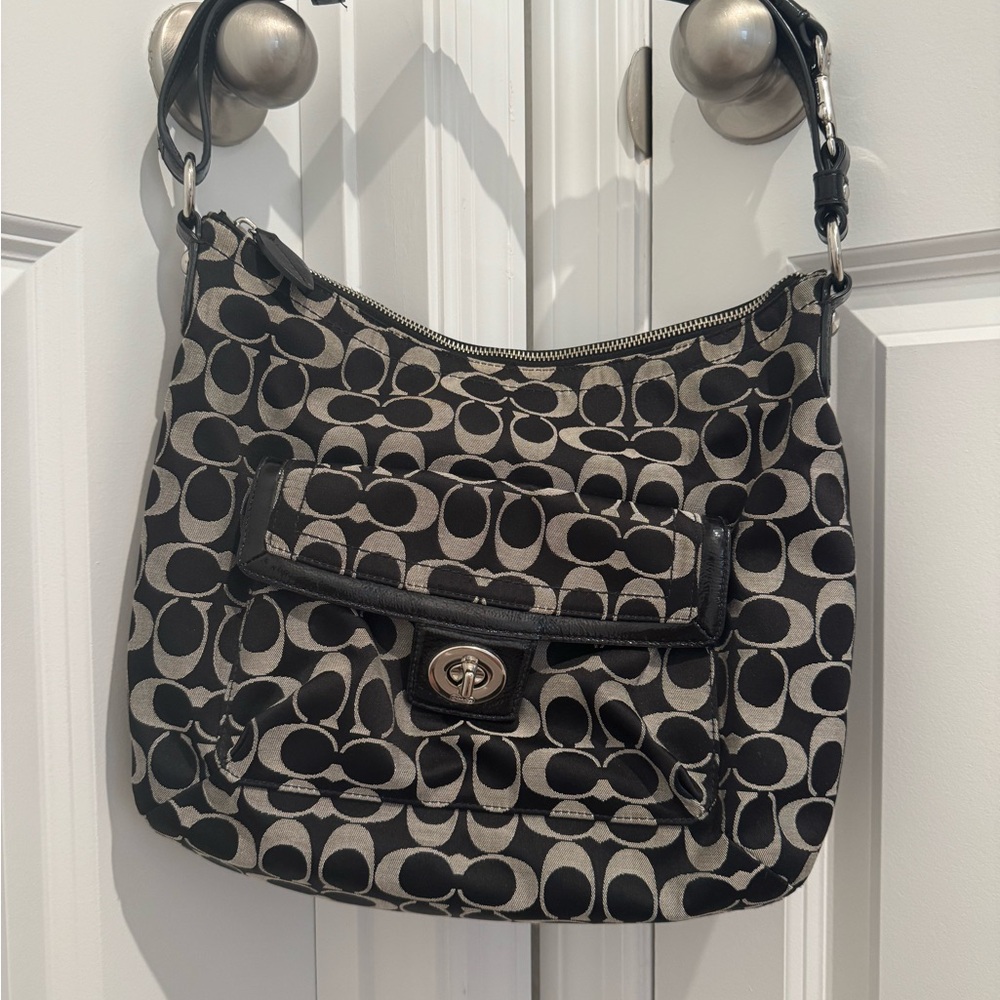 Coach Black and Gray Shoulder Bag with Monogram Pattern